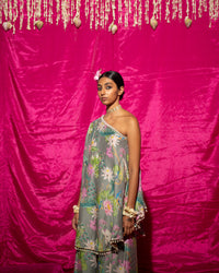 Bhādõ- Grey Printed Off-Shoulder Sharara - Set of 2