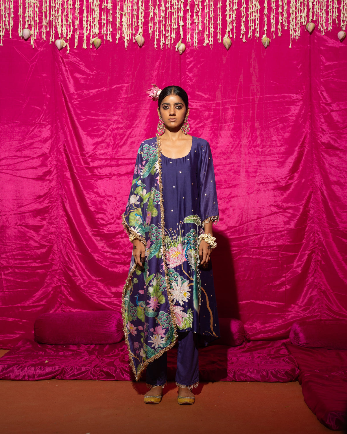 Debasree in Bhādõ- Purple Printed A-Line Kurta- Set of 3