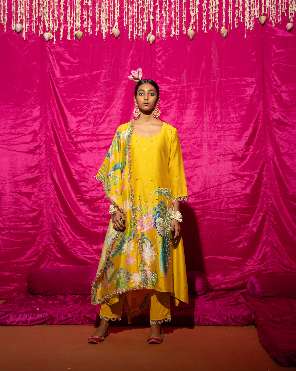 Bhādõ- Yellow Printed A-Line Kurta- Set of 3