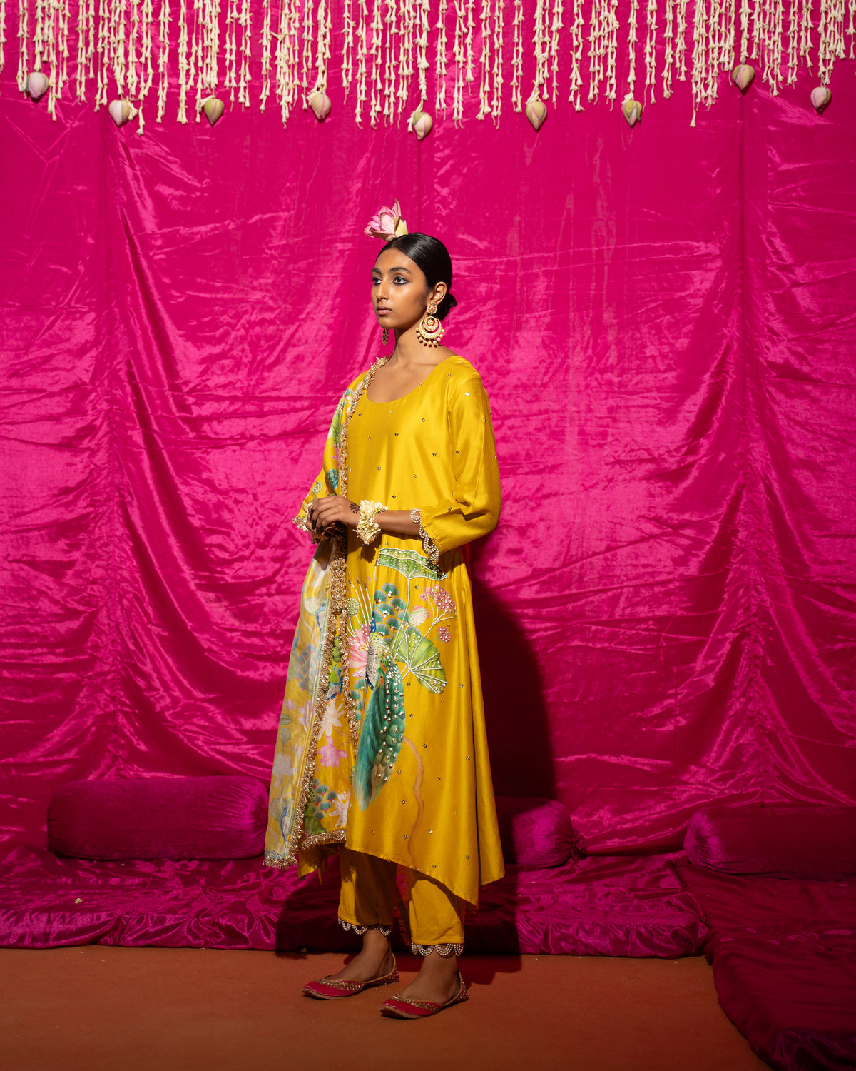 Bhādõ- Yellow Printed A-Line Kurta- Set of 3