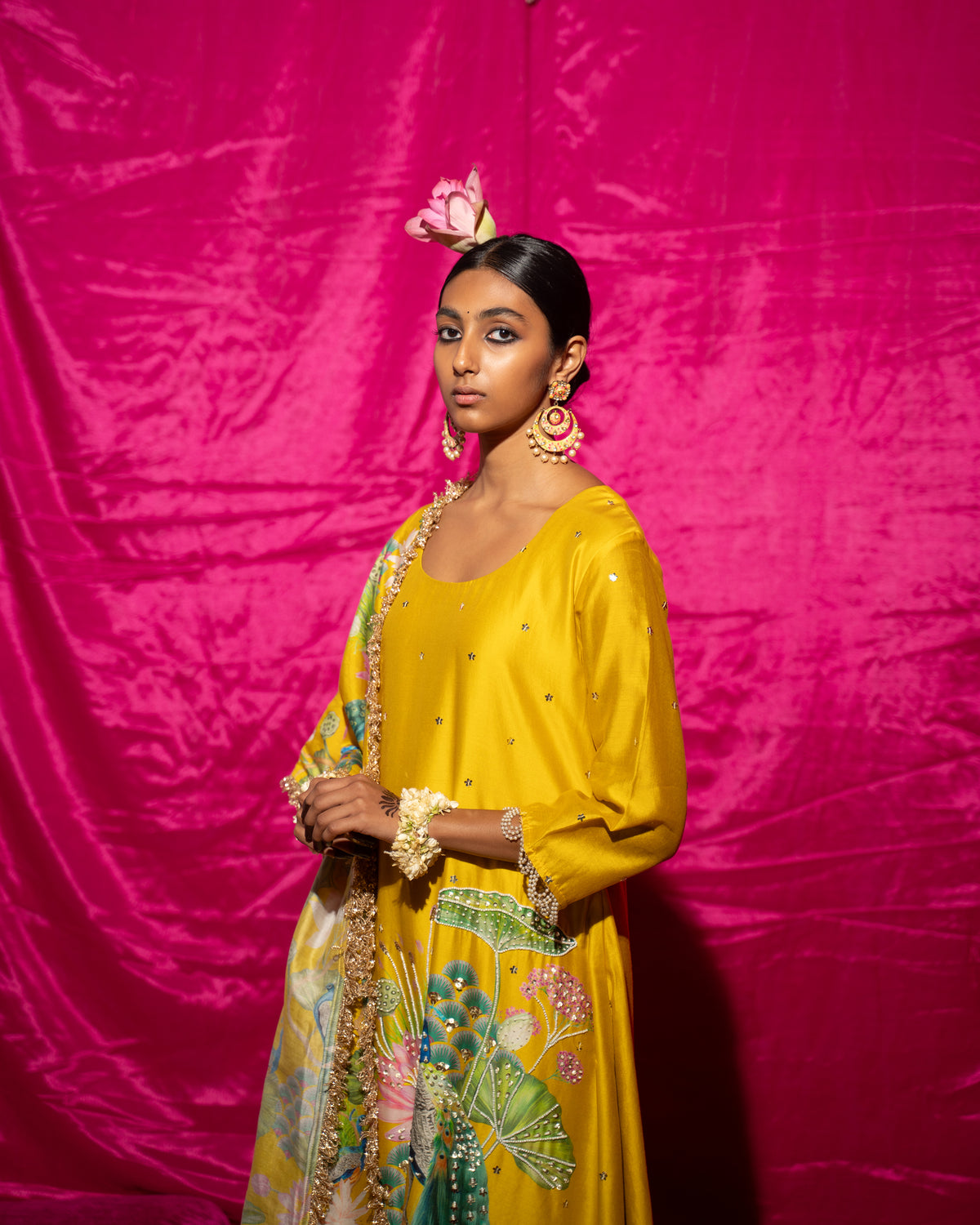 Bhādõ- Yellow Printed A-Line Kurta- Set of 3