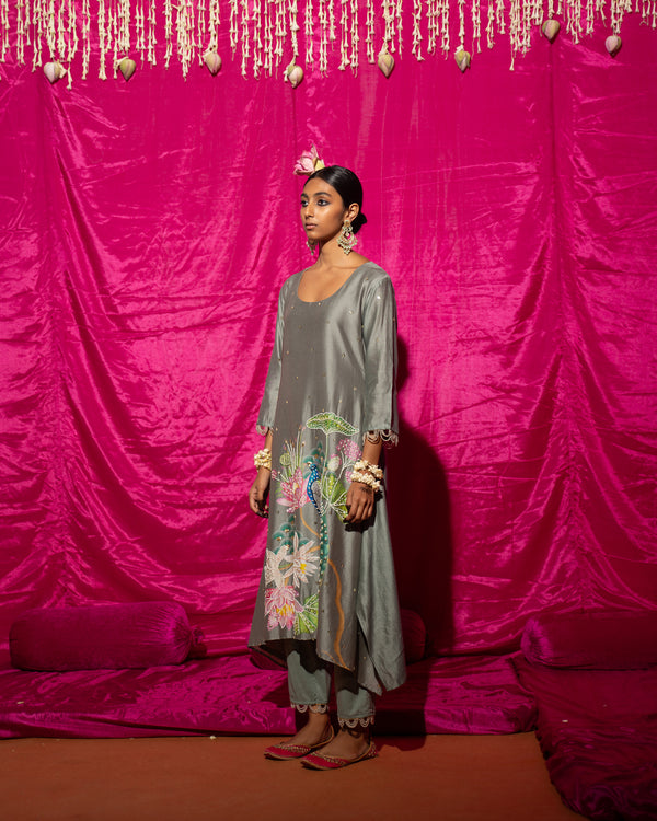 Bhādõ- Grey Printed A-Line Kurta- Set of 3