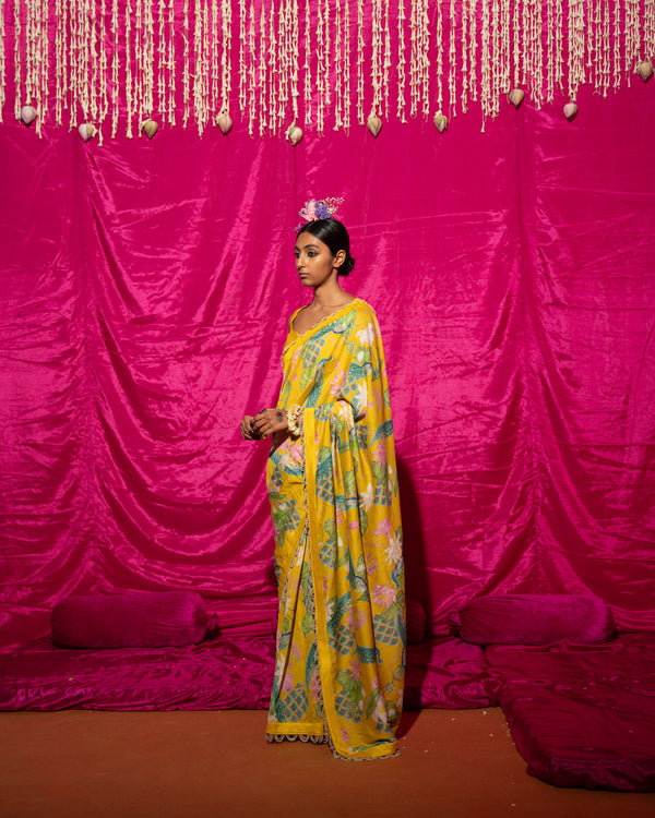 Bhādõ- Yellow Printed Saree