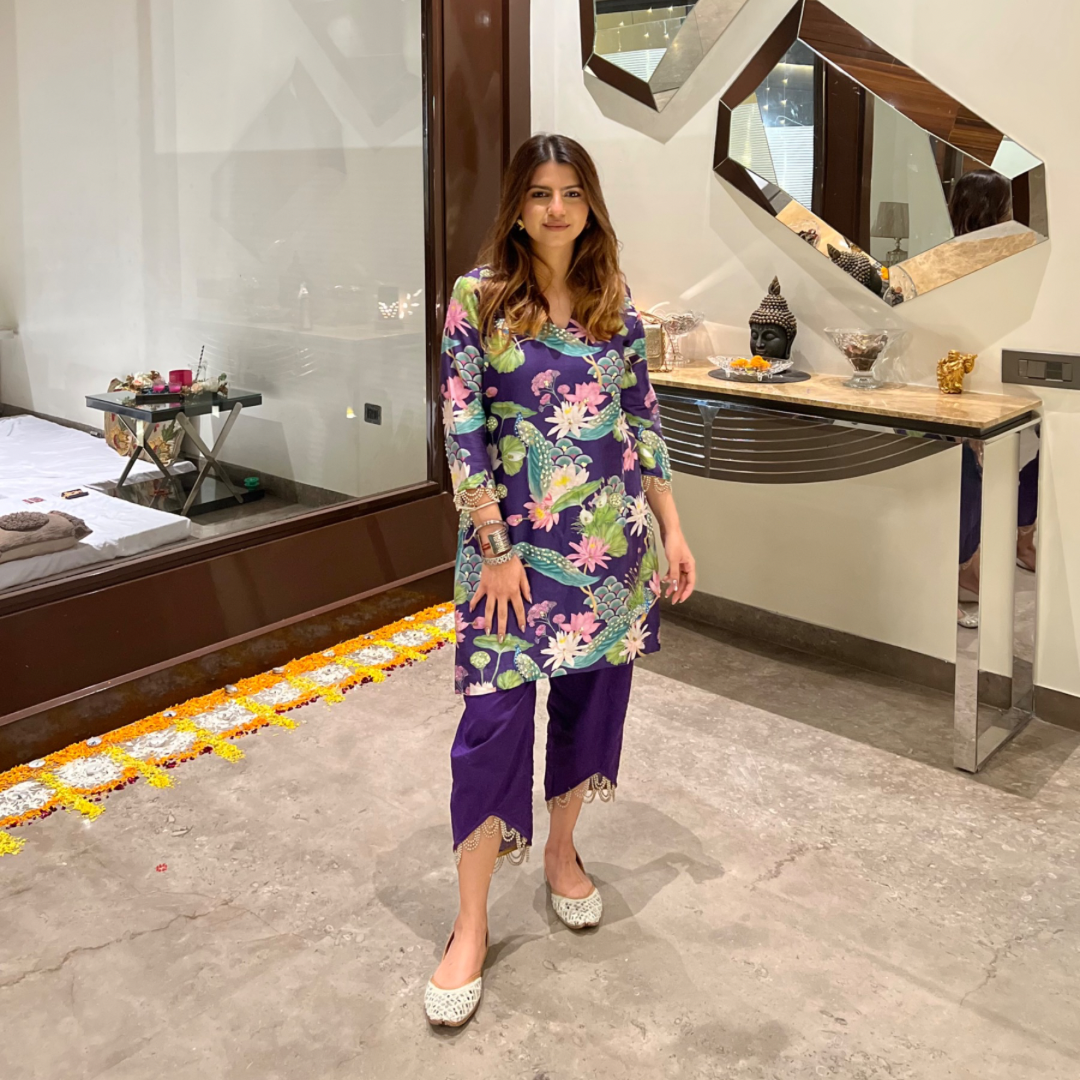 Dhriti Mehra in Bhādõ- Purple Printed Short Kurta Set