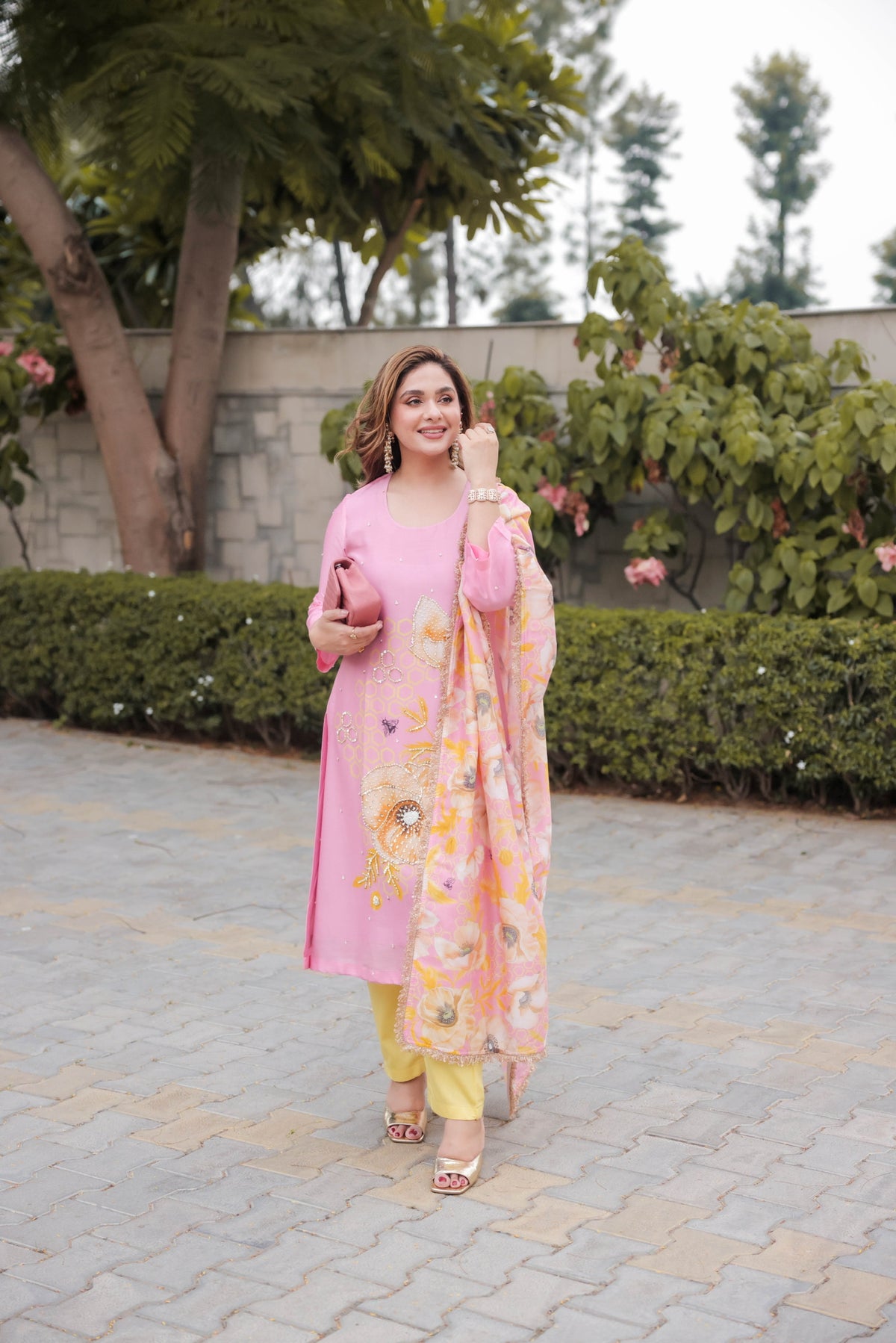 Megha Seehra in Garden- Pink Printed A-Line Kurta- Set of 3