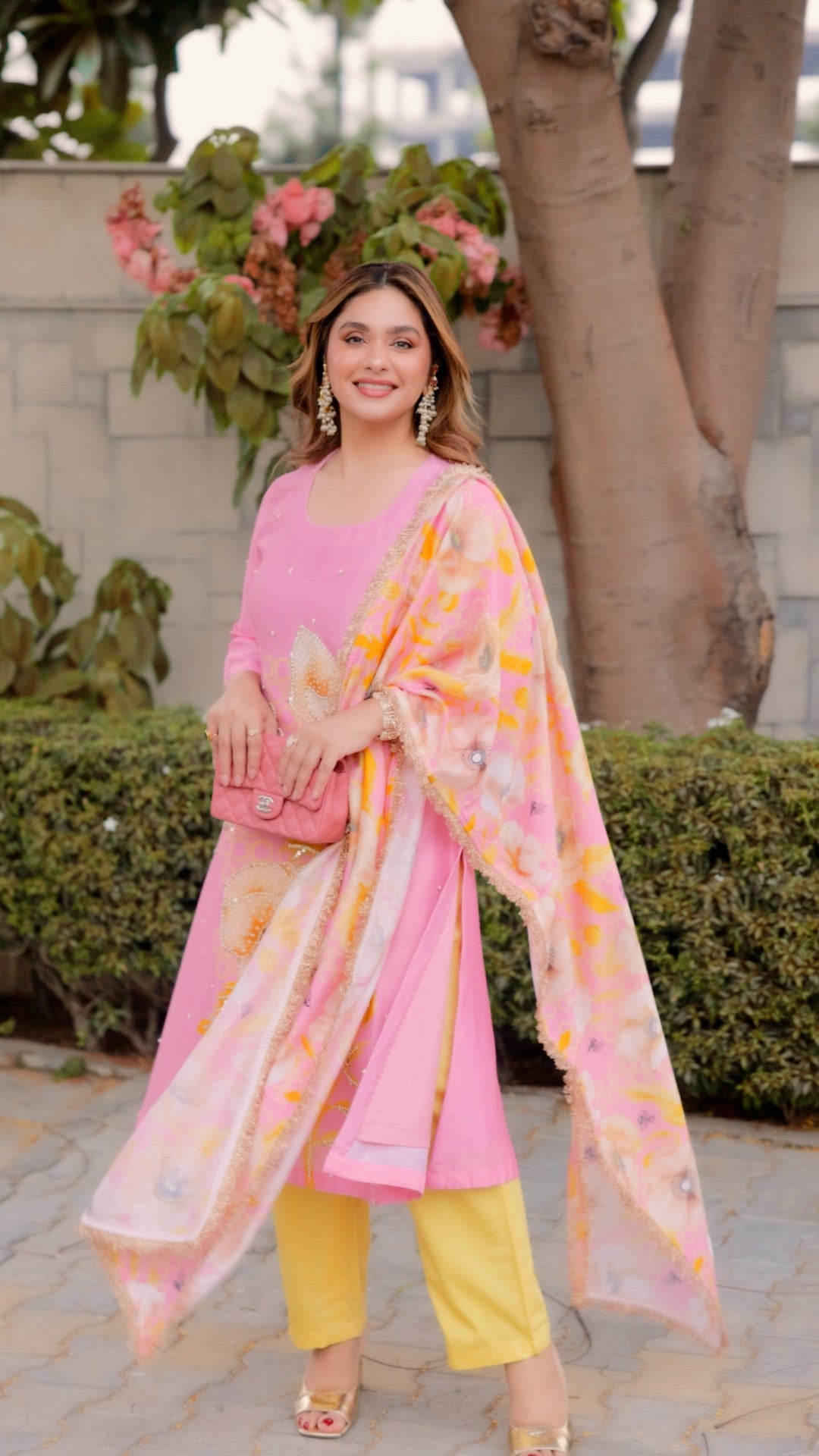 Megha Seehra in Garden- Pink Printed A-Line Kurta- Set of 3