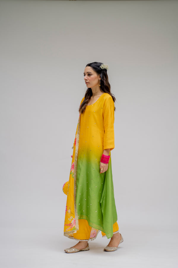 Baagh- Yellow Assymetric Ombre dyed Suit - Set of 3