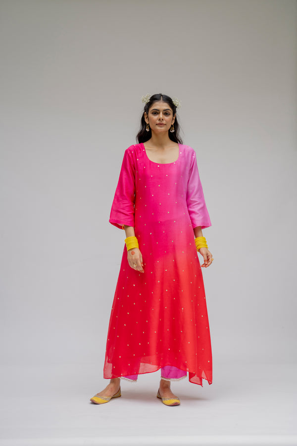 Baagh- Pink Assymetric Ombre dyed Suit - Set of 3