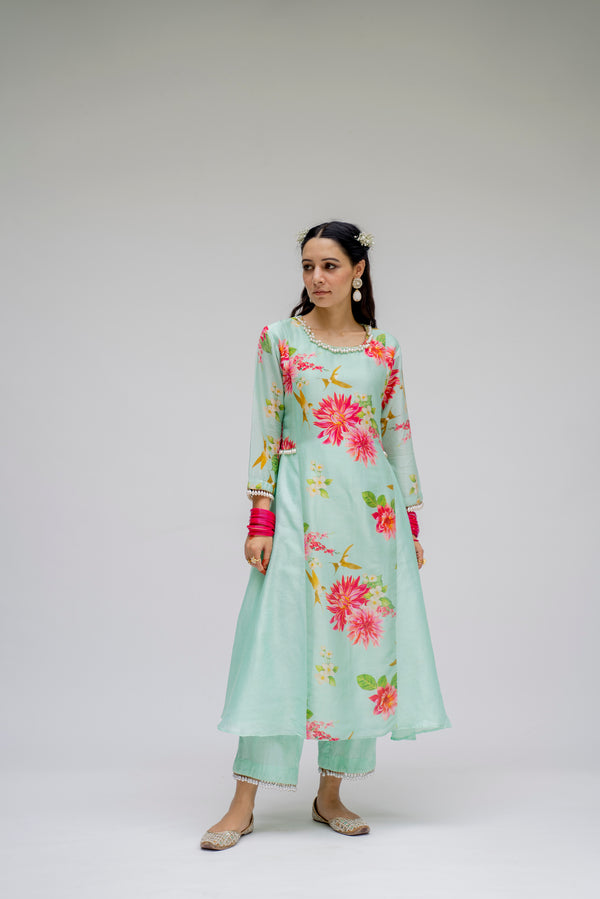 Baagh- Mint Printed Side Panel Suit - Set of 3