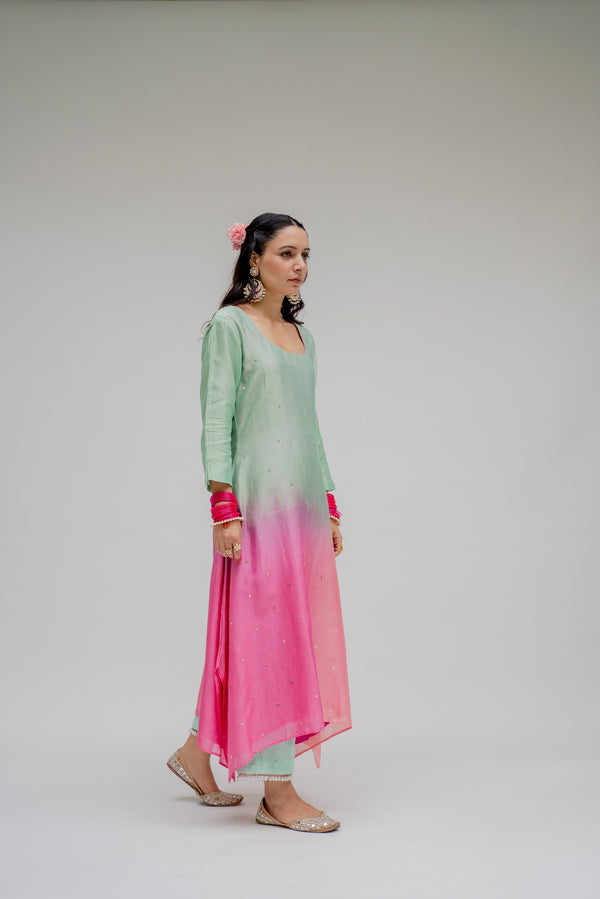 Baagh- Mint Assymetric Ombre dyed Suit - Set of 2