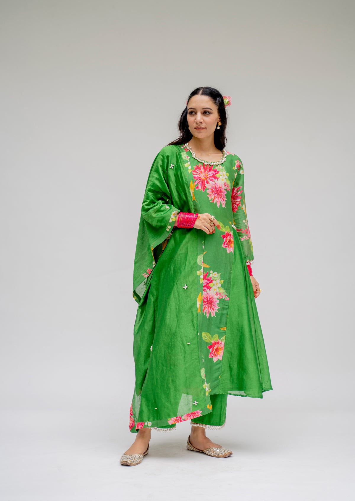 Baagh - Green Printed Panel Suit - Set of 3