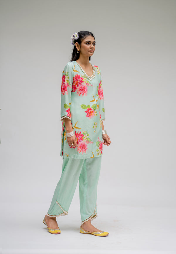 Baagh- Mint Printed Short Kurta - Set of 2