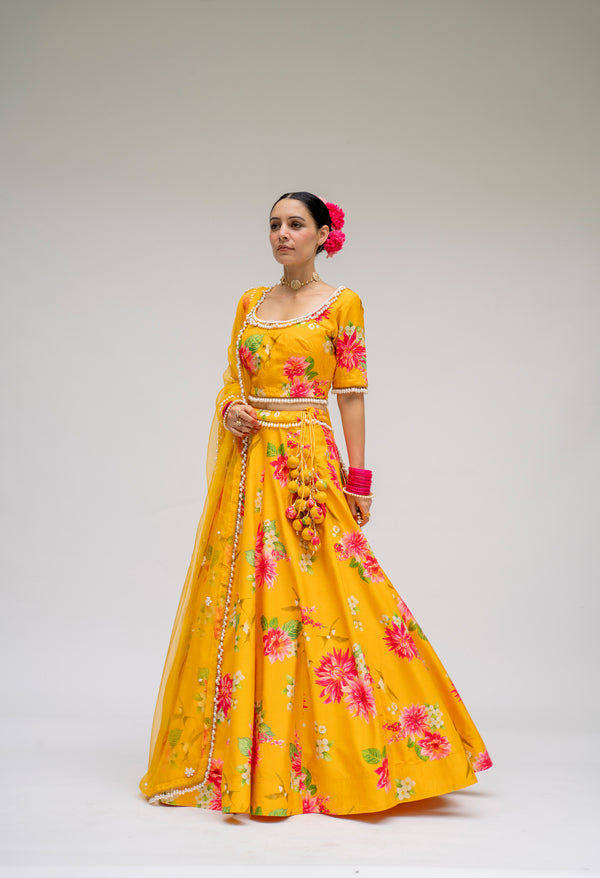 Baagh- Yellow Printed Lehenga  - Set of 3