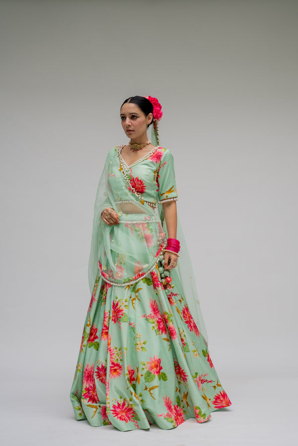 Baagh- Mint Printed Lehenga  - Set of 3