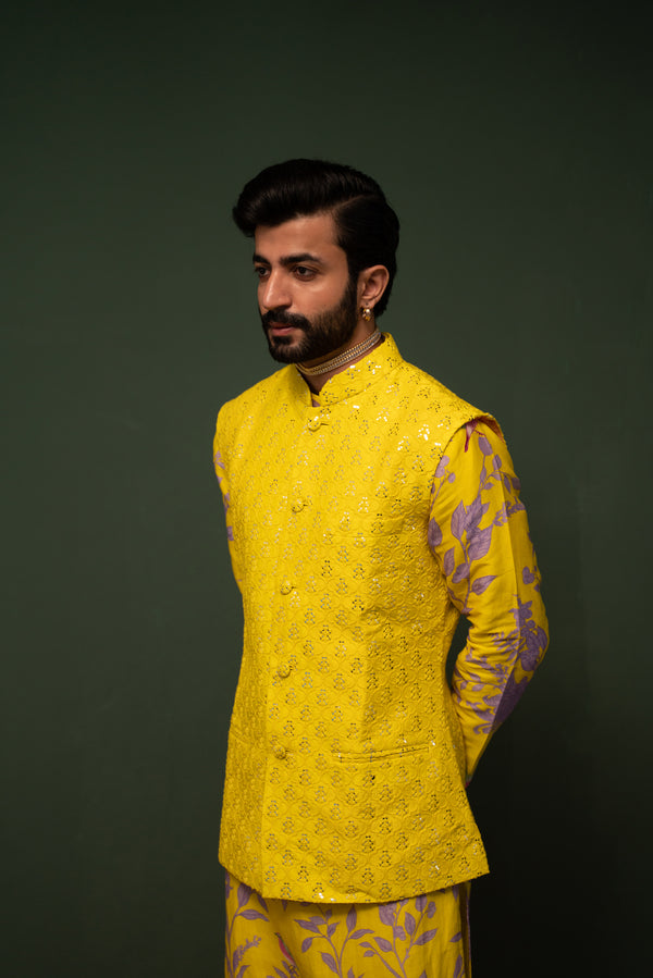 Masakali - Yellow Embroidered Nehru Jacket - Set of 3