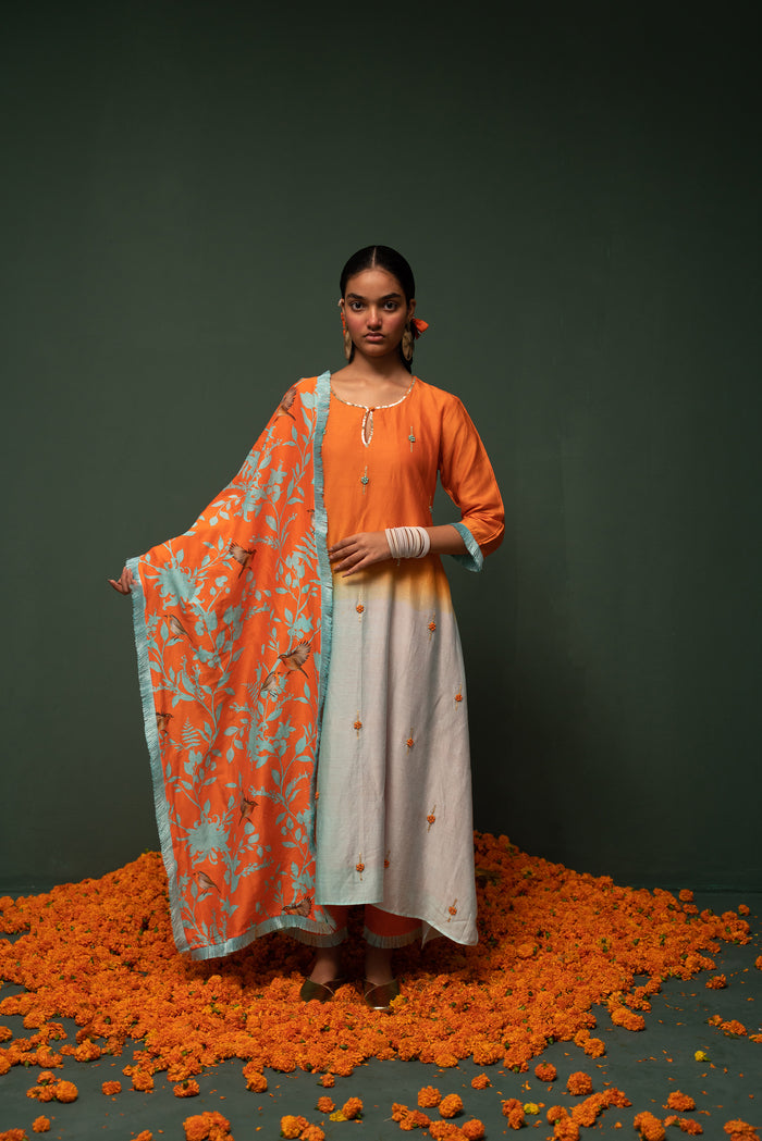 Masakali- Orange Ombre Assymetric Kurta  - Set of 3