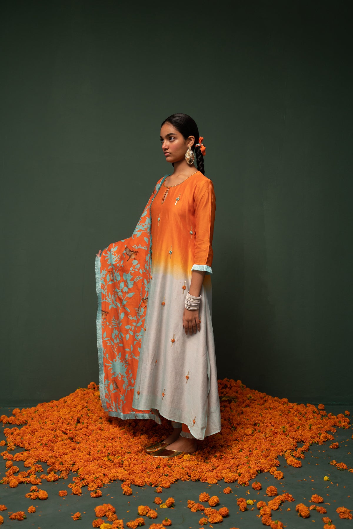 Masakali- Orange Ombre Assymetric Kurta  - Set of 3