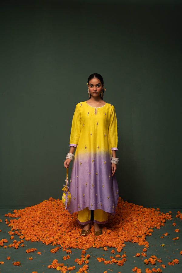 Masakali- Yellow Ombre Assymetric Kurta  - Set of 3