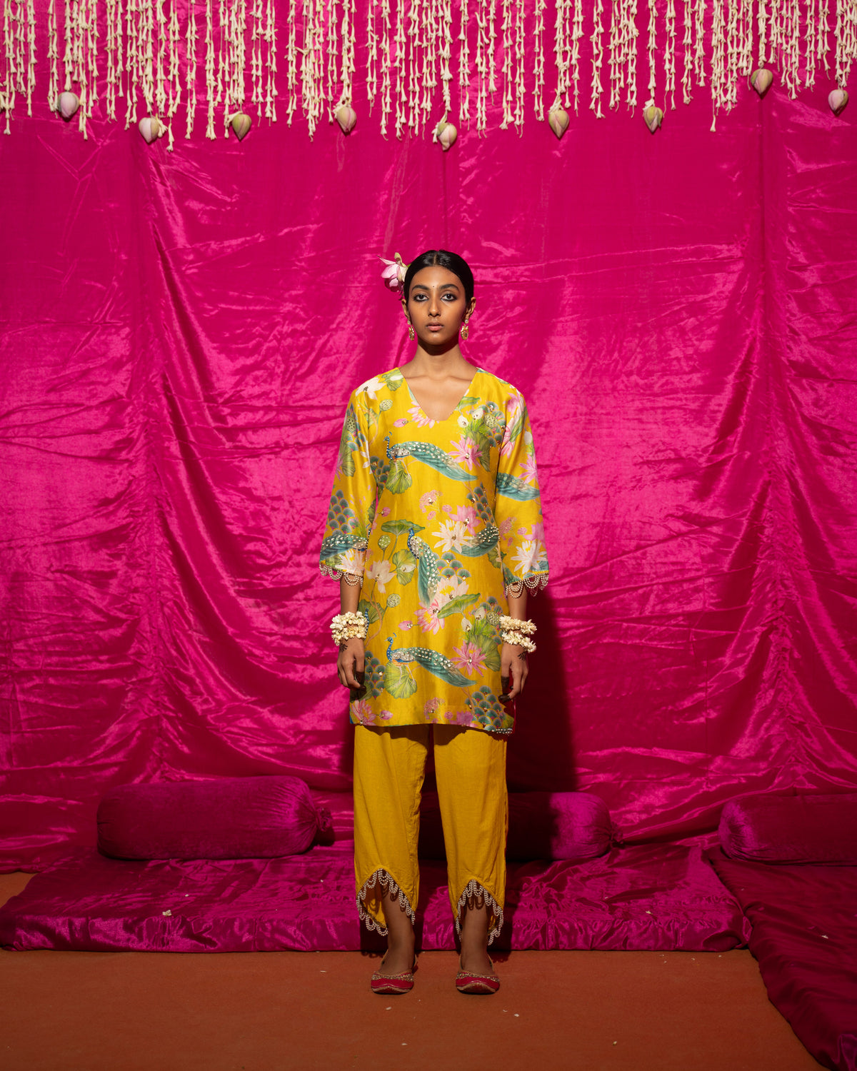 Bhādõ- Yellow Printed Short Kurta Set