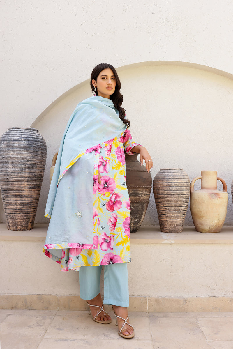 Shraddha Kapoor in Garden- Mint Printed Collar Kurta- Set of 3