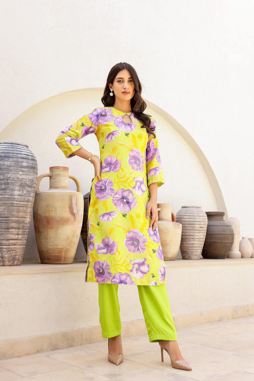 Garden- Green Printed Straight Kurta- Set of 3