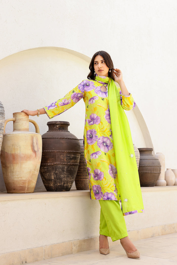 Garden- Green Printed Straight Kurta- Set of 3