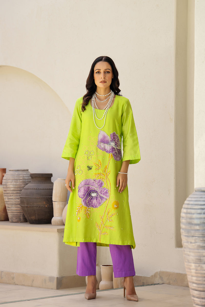 Garden- Green Printed A-Line Kurta- Set of 3