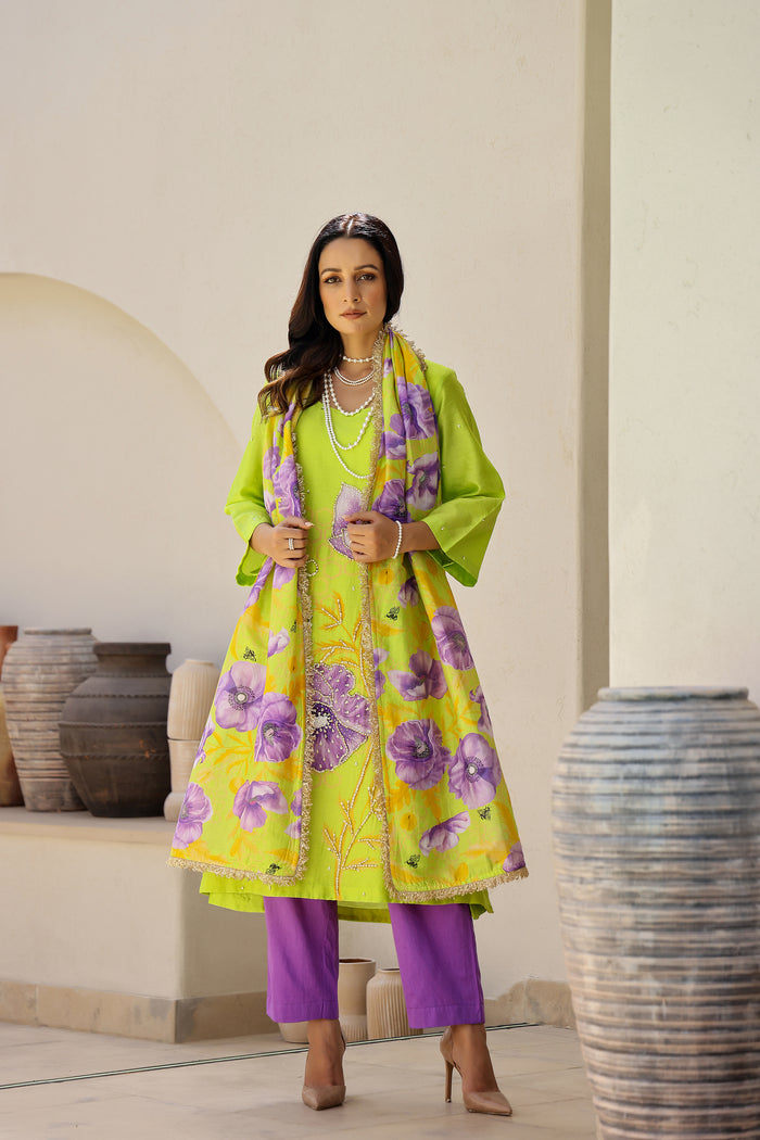 Garden- Green Printed A-Line Kurta- Set of 3