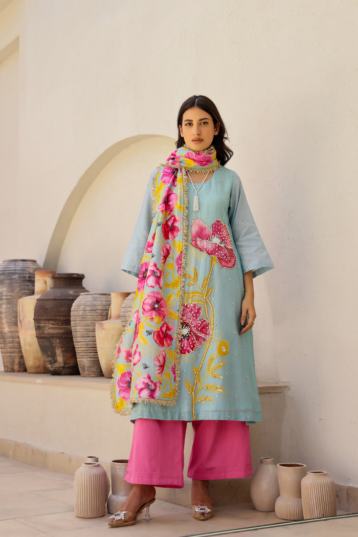 Garden- Mint Printed A-Line Kurta- Set of 3