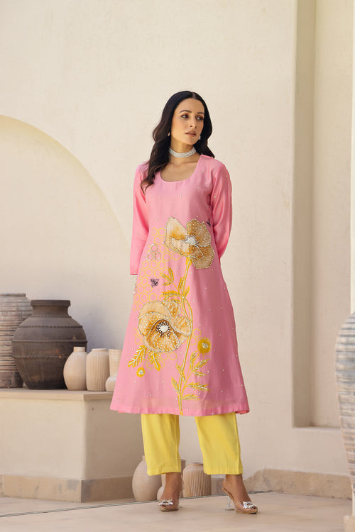 Garden- Pink Printed A-Line Kurta- Set of 3