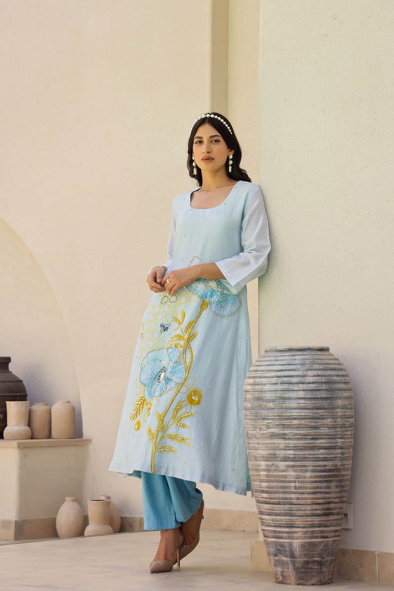 Garden- Blue Printed A-Line Kurta- Set of 3