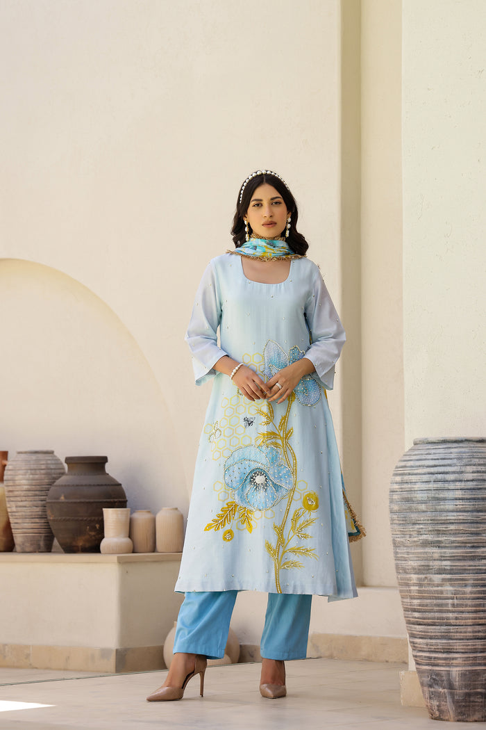 Garden- Blue Printed A-Line Kurta- Set of 3