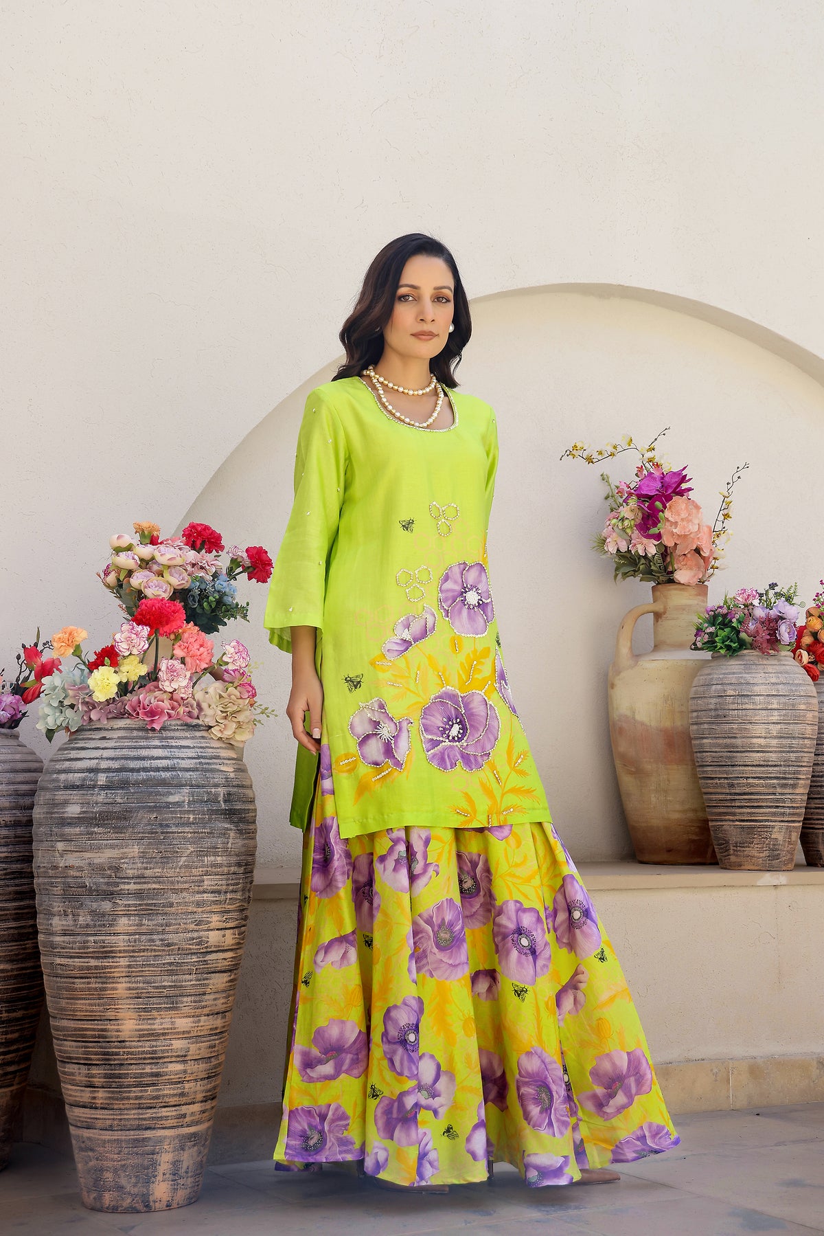 Garden- Green Embroidered Printed Kurta with Sharara - Set of 3