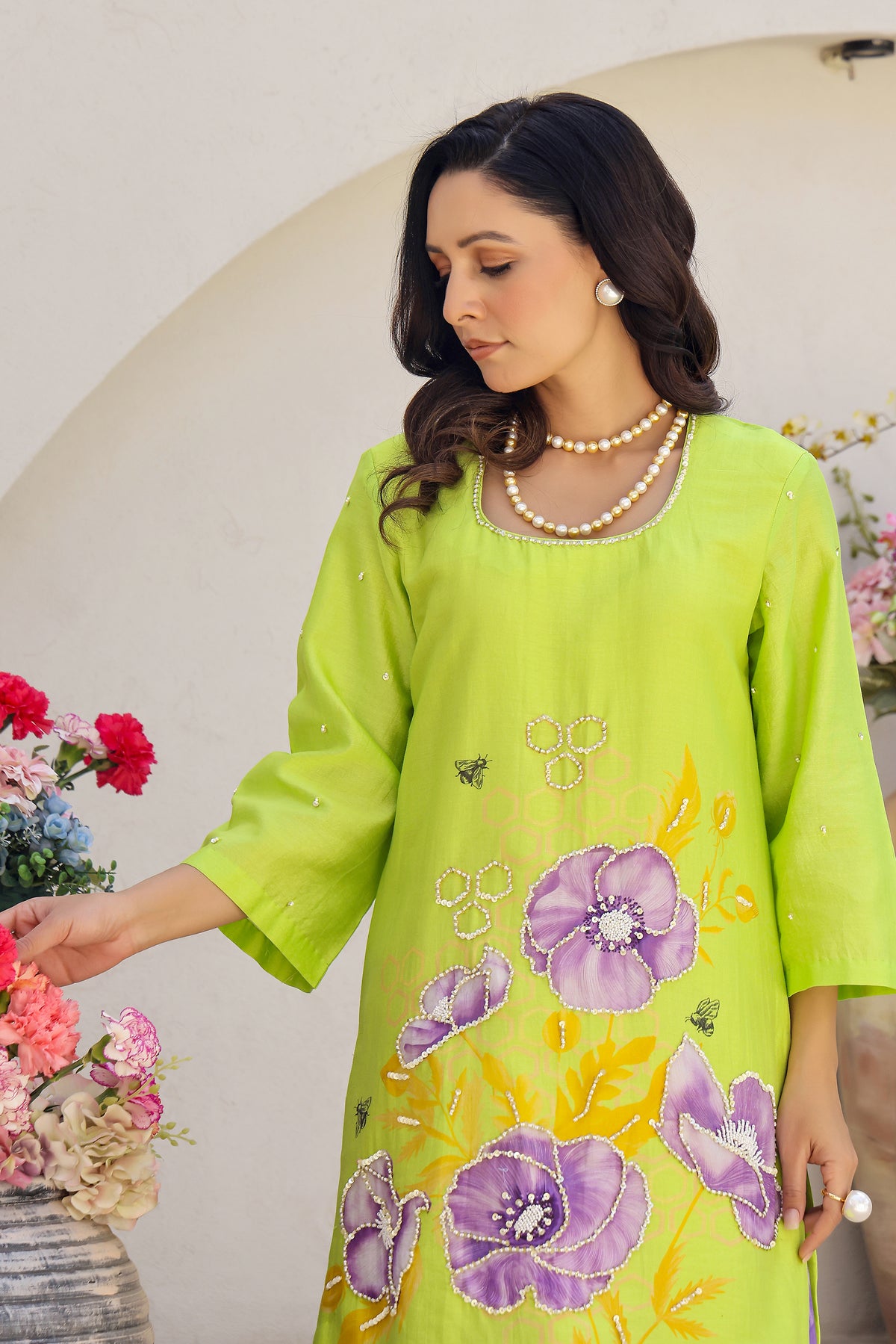 Garden- Green Embroidered Printed Kurta with Sharara - Set of 3
