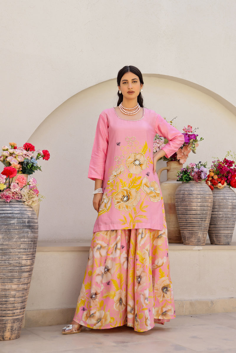 Garden- Pink Embroidered Printed Kurta with Sharara - Set of 3