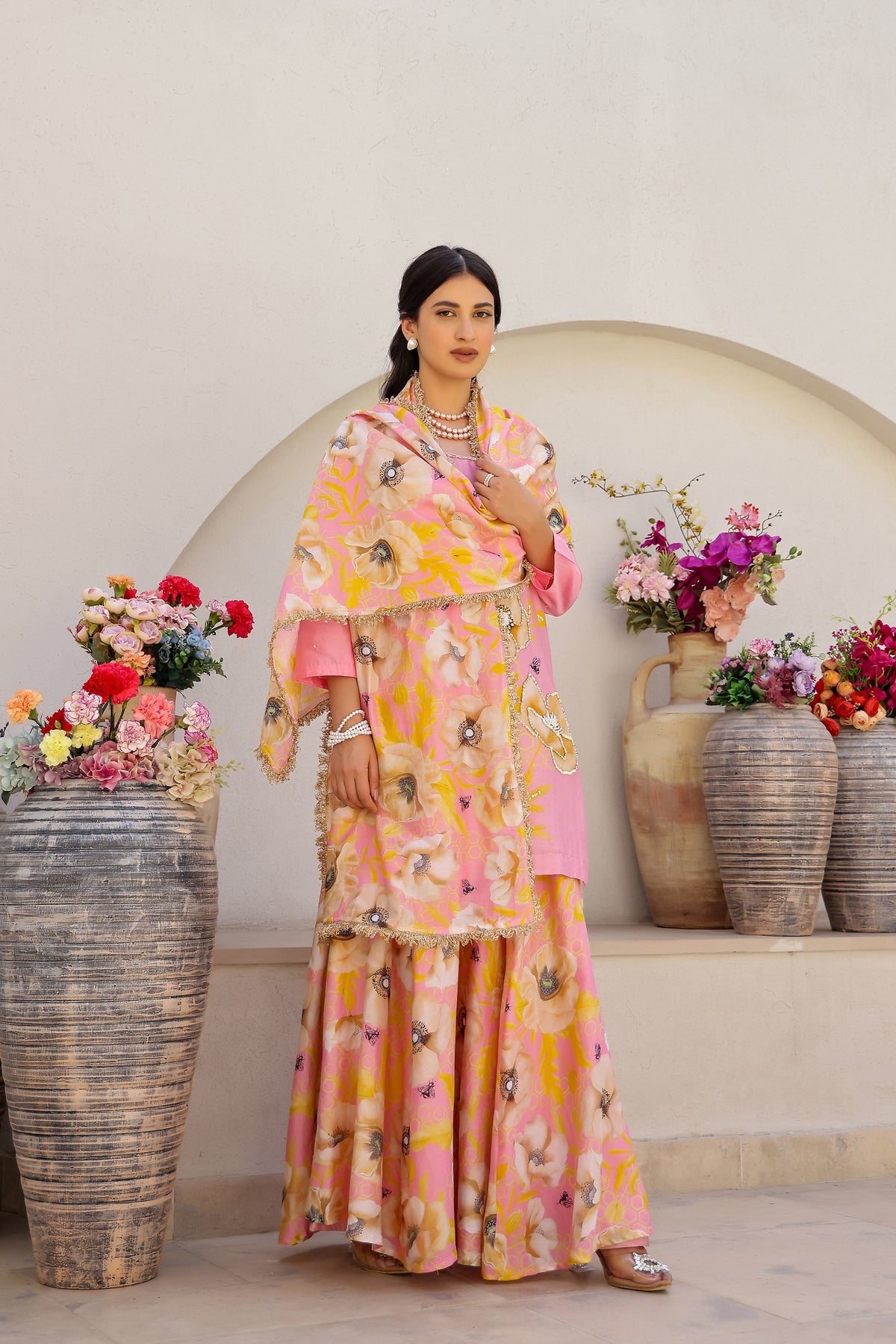 Garden- Pink Embroidered Printed Kurta with Sharara - Set of 3