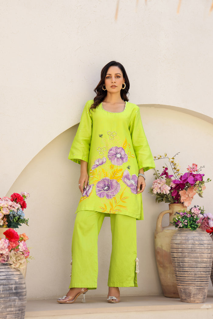 Garden- Green Printed Embroidered Short Kurta Set