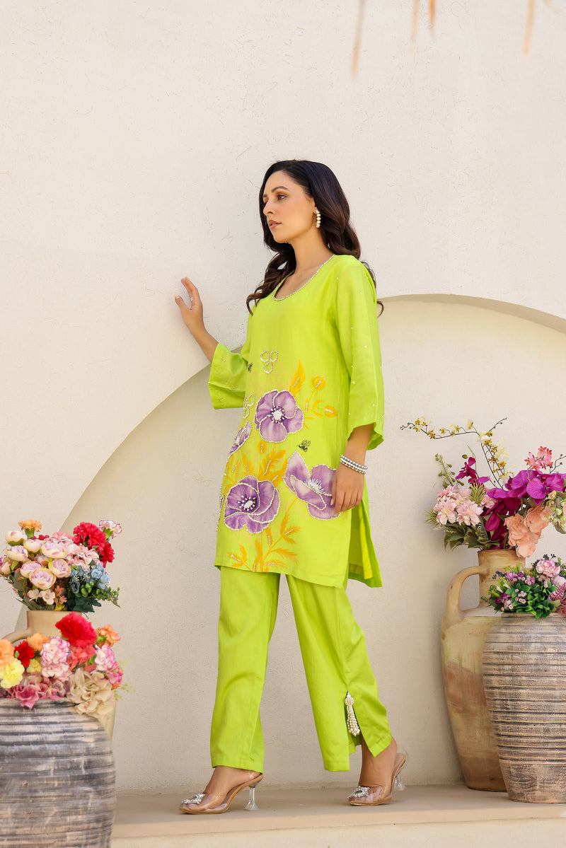 Garden- Green Printed Embroidered Short Kurta Set