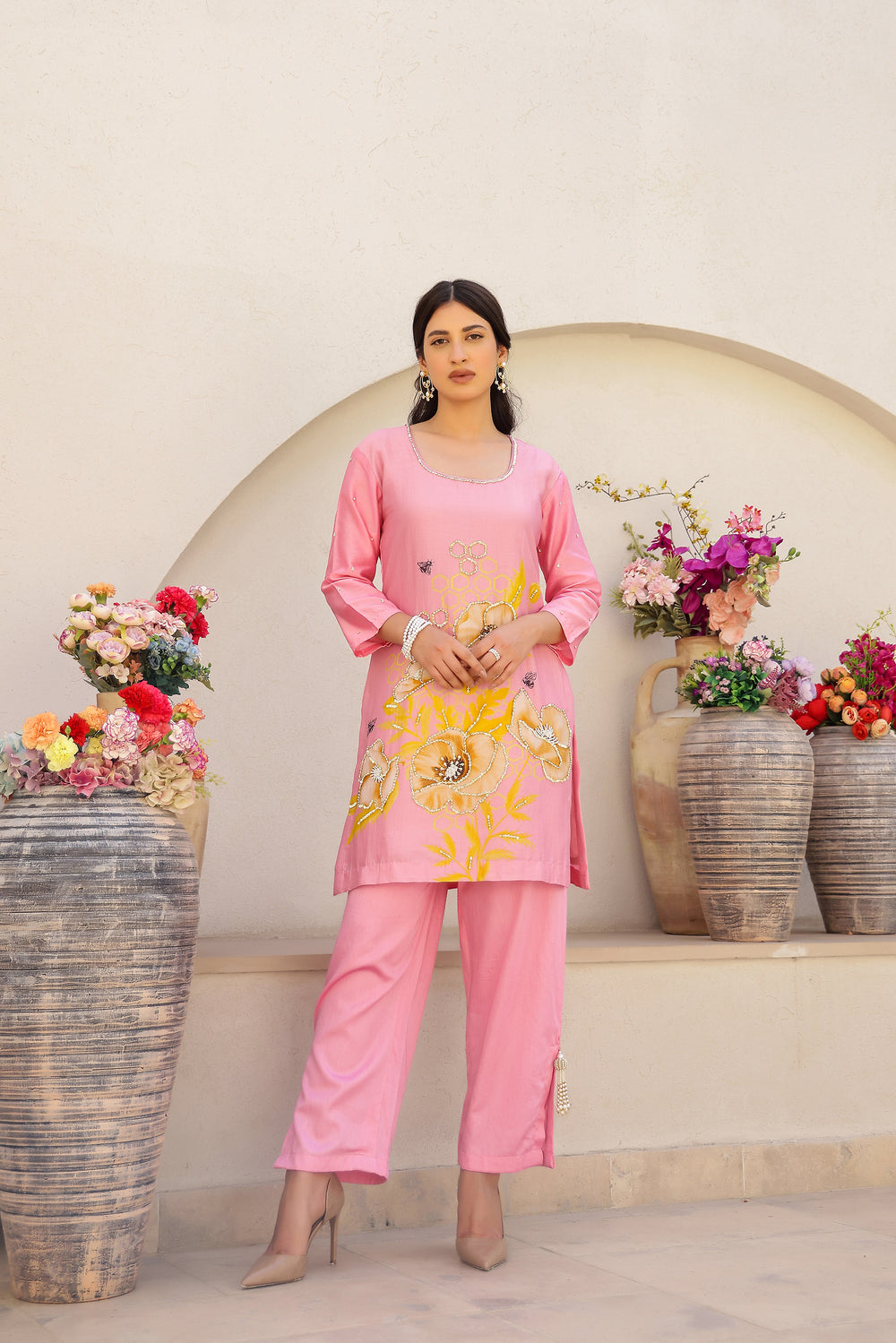 Garden- Pink Printed Embroidered Short Kurta Set