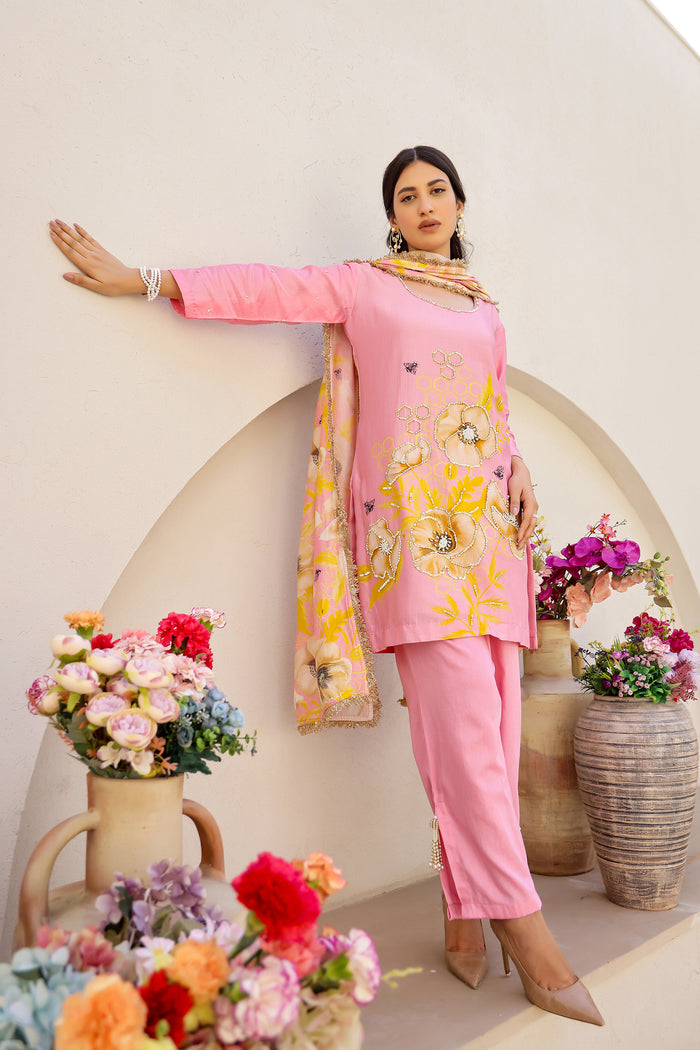 Garden- Pink Printed Embroidered Short Kurta Set