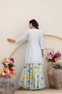 Garden- Blue Embroidered Printed Kurta with Sharara - Set of 3