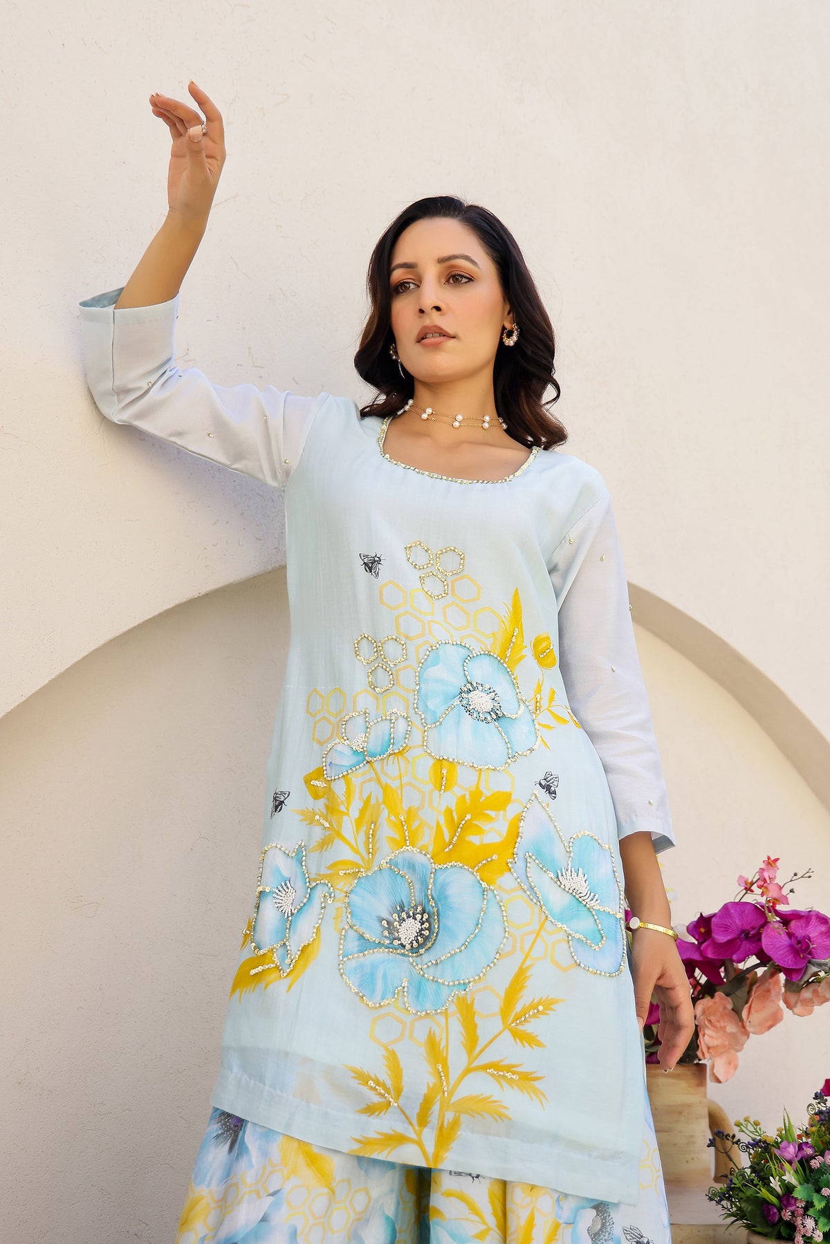 Garden- Blue Embroidered Printed Kurta with Sharara - Set of 3