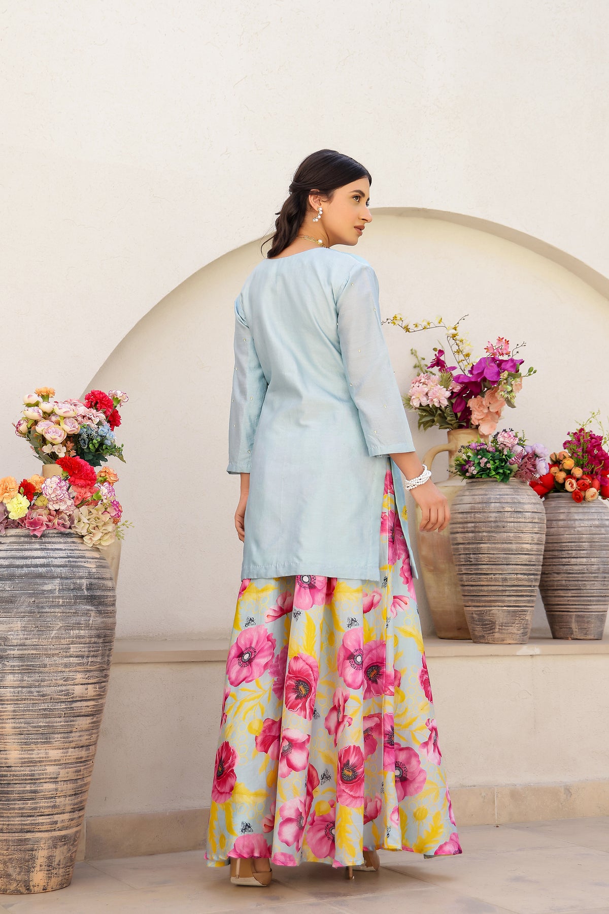 Garden- Mint Embroidered Printed Kurta with Sharara - Set of 3