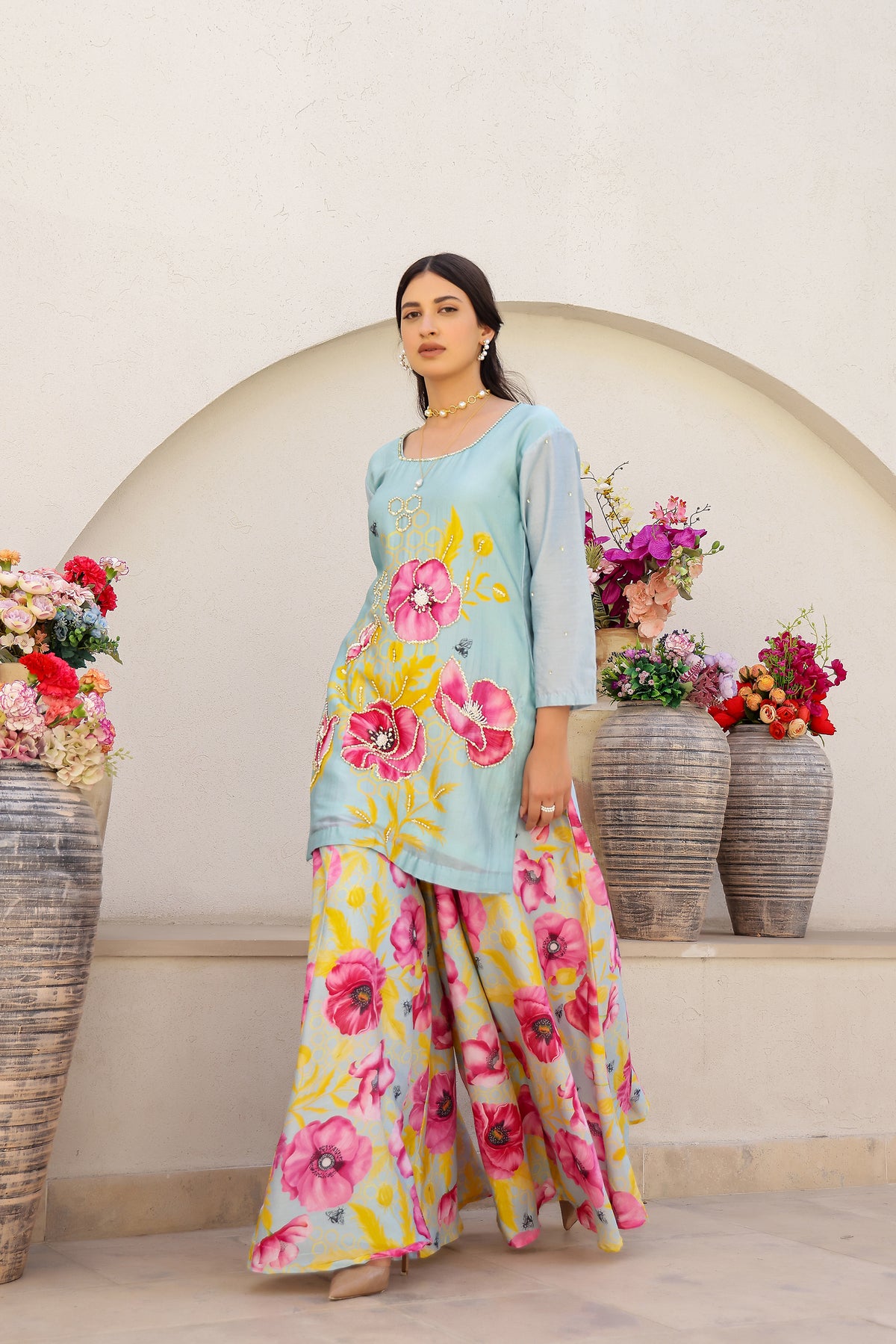 Garden- Mint Embroidered Printed Kurta with Sharara - Set of 3