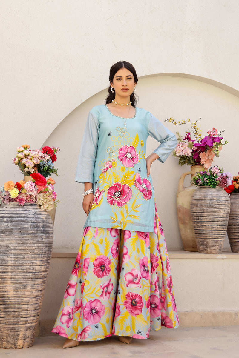 Ankita Raghav in Garden- Mint Embroidered Printed Kurta with Sharara - Set of 3