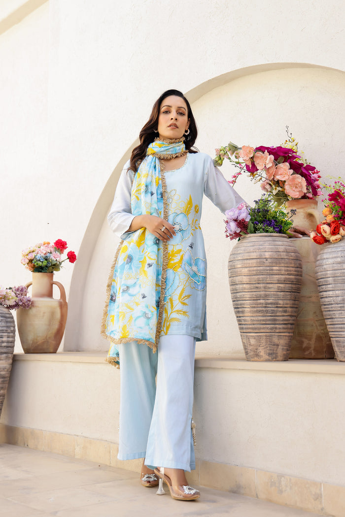 Garden- Blue Printed Embroidered Short Kurta Set