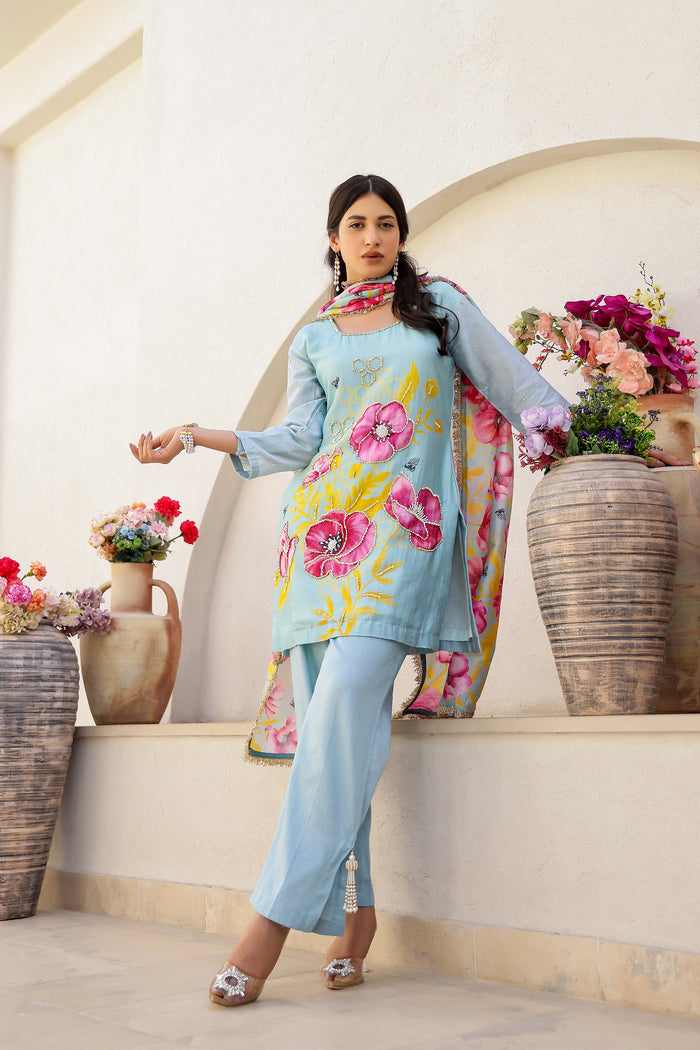 Garden- Mint Printed Embroidered Short Kurta Set