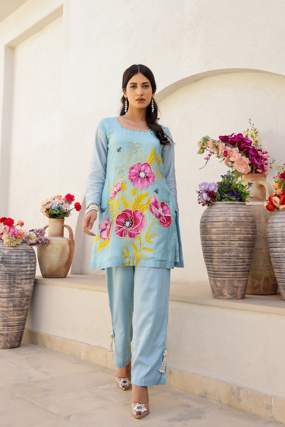 Garden- Mint Printed Embroidered Short Kurta Set