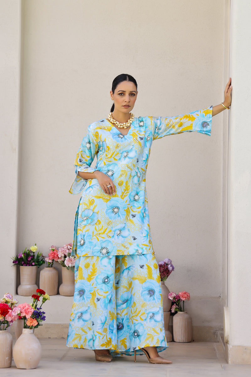 Garden- Blue Printed Kurta with Sharara - Set of 3