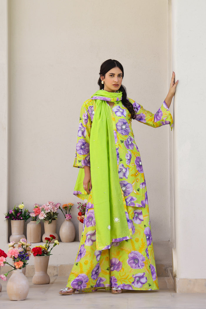 Garden- Green Printed Kurta with Sharara - Set of 3